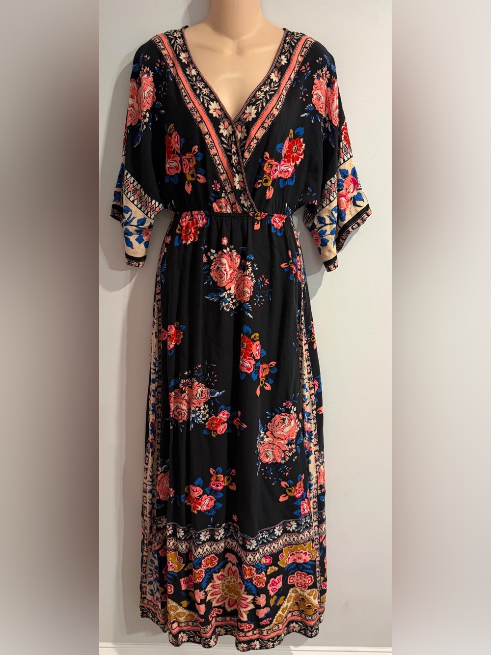 FLYING TOMATO Boho Hippie Kimono Sleeve Summer Cruise Vacation Floral Maxi sze S